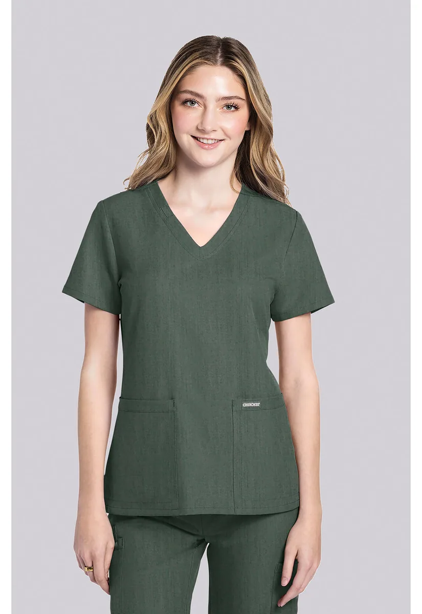 Cherokee WW Originals Ultra 2 Pocket V Neck Top CK953AV in Heather Forest Moss